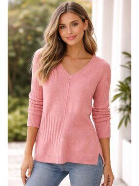 Sundance Womens Med V-Neck Silk Blend Sweater Shirt Ribbed Blocked Dusty Pink